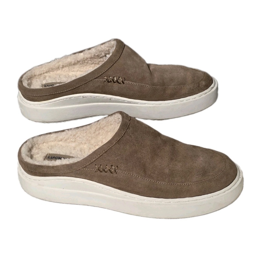 Lucky Brand Womens  8.5 Korrin Suede Mule SlipOn Sneakers Shoes Tan Sherpa Lined
